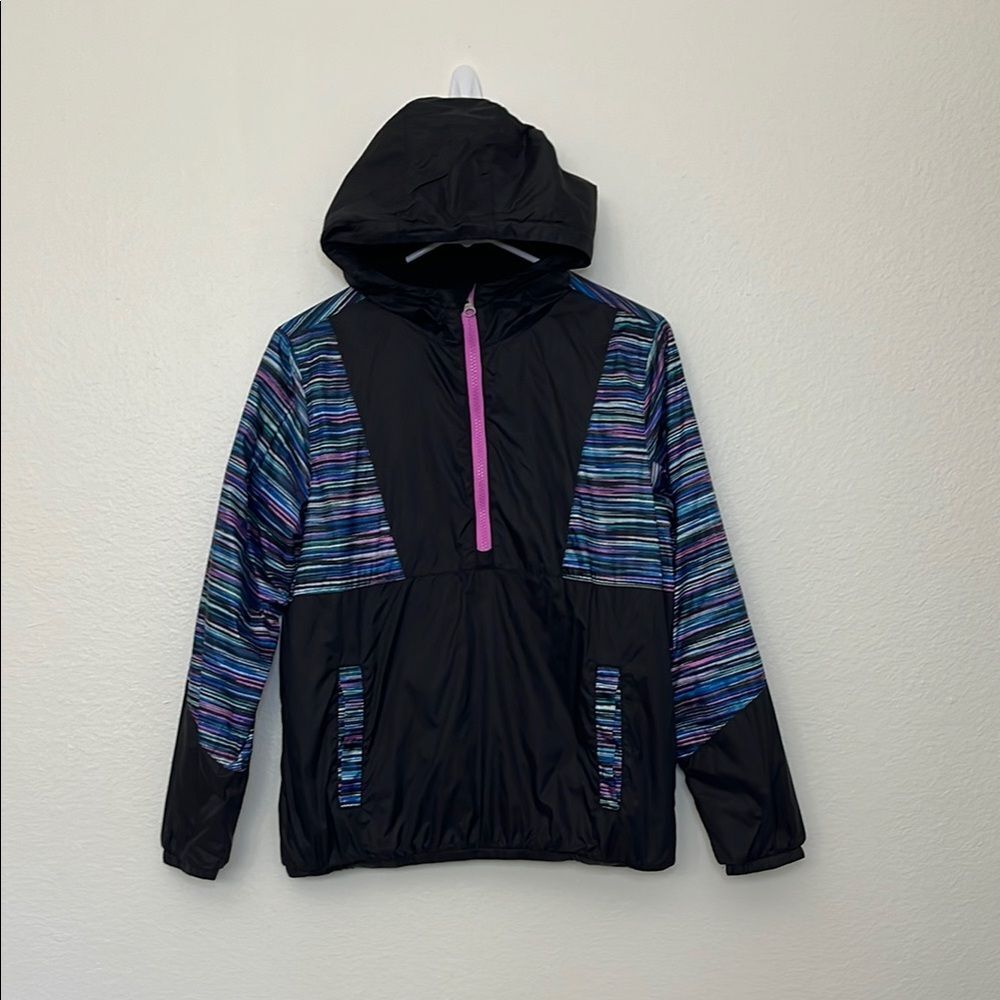 Land's End Hooded Girls Large Black Stripe Half Zip Jacket Lightweight Pullover